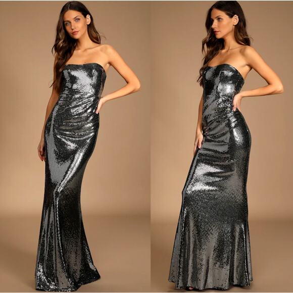 Lulus Dresses & Skirts - Lulus S Black Sequin Strapless Mermaid Maxi Dress Metallic Silver Shimmer Gown